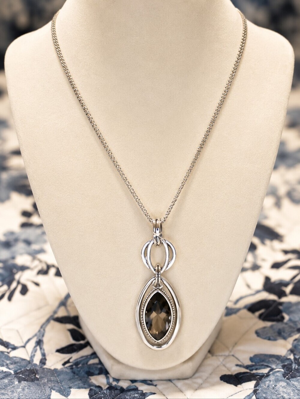 Silver Tone Smoky Crystal Teardrop Pendant Necklace Long Statement Minimalist